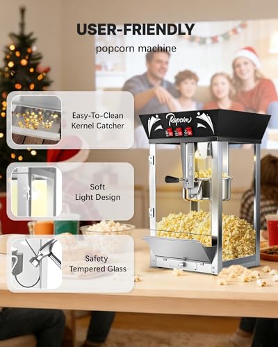 Image of 12 Oz Commercial Popcorn Machine, Movie Theater Popcorn Machine, Black Tabletop Pop corn Machine with 3-Switch Control & Steel Frame Tempered Glass Doors