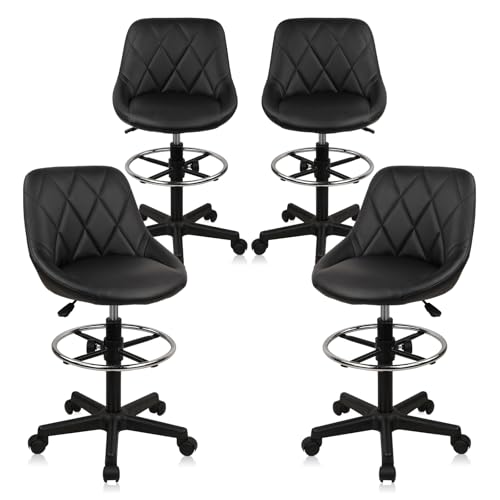 Image of Small Rolling Stool with Backrest - 360 Swivel Chairs with Wheels, Adjustable Height Footrest Armless Vanity Chair, Thickened Seat Cushion Stool Chairs for Spa, Shop, Salon, Massage, Black, 4 Pack