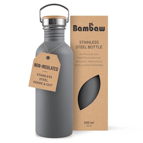 Image of Bambaw 16 oz Water Bottle no Straw, Gray Single Wall Stainless Steel Water Bottle, Non-insulated Reusable Water Bottle BPA Free 16 oz, Small Water Bottle with Handle - Stormy Gray