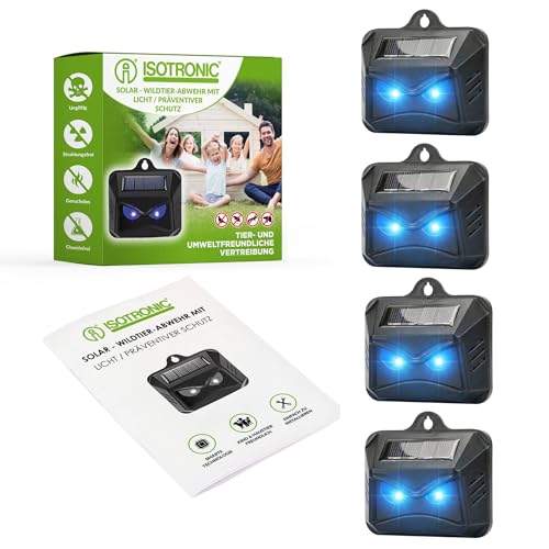 ISOTRONIC Solar Tiervertreiber zur Abwehr von Waschbären Rehen Füchsen & Wildschweinen Wildtier Vertreiber mit blauem LED-Licht effektive Tierabwehr mit 40m Wirkungsbereich (4 Stück)