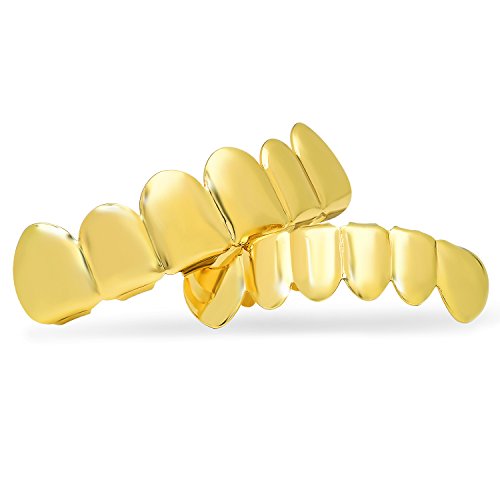The Bling Factory 14k Yellow Gold Plated Flat Top & Bottom Grillz Set,