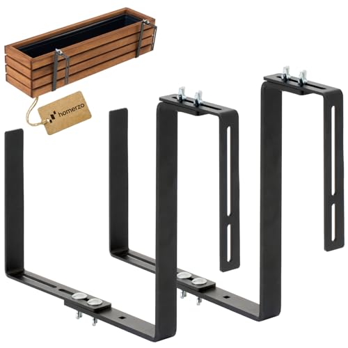 HOMERZO Balkonkastenhalter 2er Set Extra Stabil (5mm massiv) & Verstellbar (15-24cm) Massive Blumenkastenhalterung für breite Balkonkästen & Geländer bis 15cm Schwarz