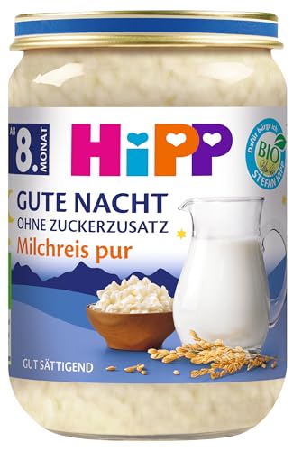 HiPP Bio Gute Nacht Milchreis pur (6 x 190g), Babybrei ab 8. Monat, ohne Zuckerzusatz, gut sättigend, glutenfrei, in bester Bio-Qualität