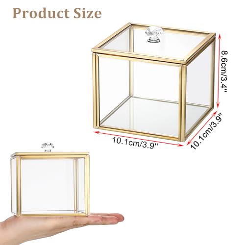 OGANAZI Glas Wattepad Spender Schmuckschatulle mit Glasdeckel Gold Wattestäbchenbehälter Wattepads Behälter Box Deko Aufbewahrungsbox für Badezimmer, Schlafzimmer, Büro Damen Geschenk 10,1x10,1x8,6 cm