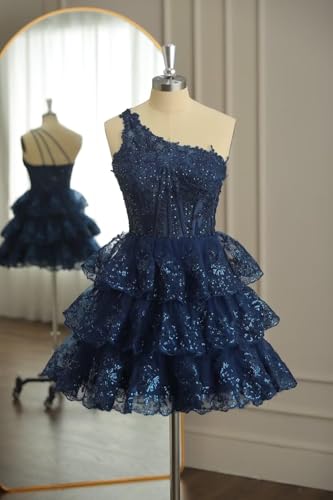 One Shoulder Short Homecoming Dresses for Teens Sequin Sparkly Prom Dress Tiered Lace Evening Gown2