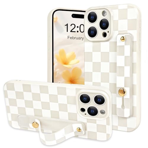 NITITOP Compatible with iPhone 15 Pro Case with Wrist Strap Kickstand Cute Trendy Checkerboard Plaid for Women Girls Slim Fit TPU Silicone Shockproof Full Camera Protective Cover - White