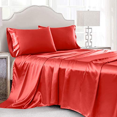 Cobedzy 4 Piece Luxury Queen Sheet Set, Soft Silky Bed Sheets Queen Set, Coral Satin Sheet Set With 1 Deep Pocket Fitted Sheet 1 Flat Sheet 2 Satin Pillowcases #TOP13