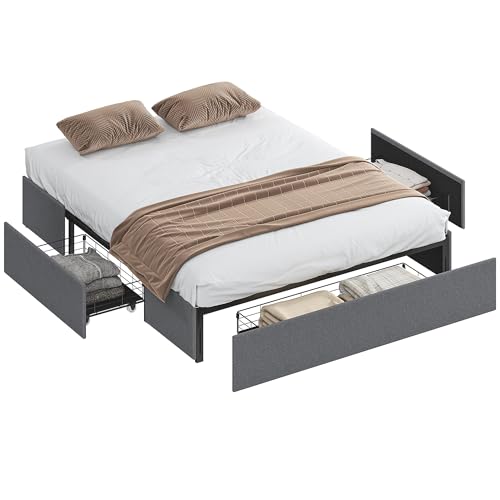 HOMCOM Struttura Letto Matrimoniale 165x193 cm, Letto Matrimoniale Imbottito con 3 Cassetti, Rete a Doghe in Legno, Senza Materasso, Silenzioso, Altezza 30 cm, Grigio