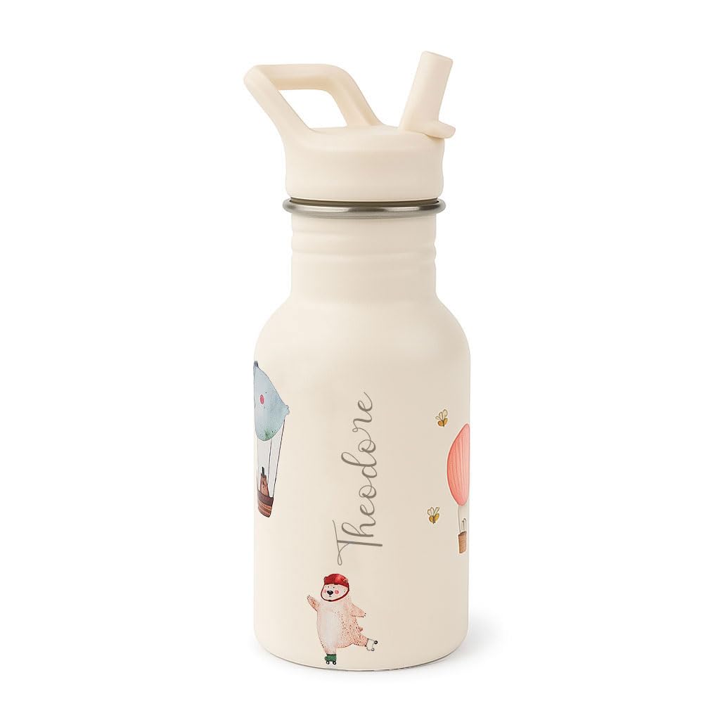 J.Børn Personalised Bottle With Straw For Kids 350ML | Hand-Painted Designs | Single-Skinned, Food-Grade Stainless Steel Water Bottle | Children Flask For School (Adventure Bear)