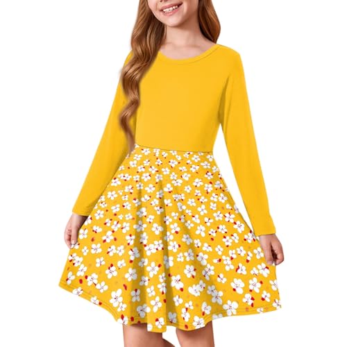 Girls' Long Sleeve Casual Dress High Waist A Line Swing Twirly Sundress Summer Girl Clothes