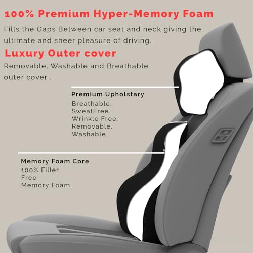 Image of MRRON Series Memory Foam Neck Rest & Extra Lumbar, Relief Pillow, 100% Soft Memory Foam Pillow, Adjustable Strap, Cervical Support for Car Seat. (Black, Long Back)