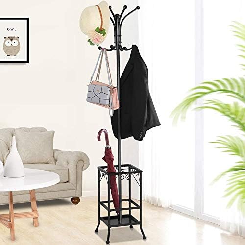 costoffs Metal Coat Stand Rack, Free Standing Hall Tree Coat Hanger with Umbrella Storage Holder, 8 Hooks & Solid Base for Hallway, Living Room & Bedroom