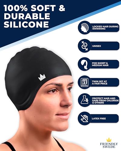 The Friendly Swede Swim Caps for Women & Men - Silicone Swimming Caps for Medium & Long Hair; Waterproof Swimming Cap for Women to Keep Hair Dry; Swim Cap for Adult and Child - Blue & Black 2-Pack - Thumbnail 4