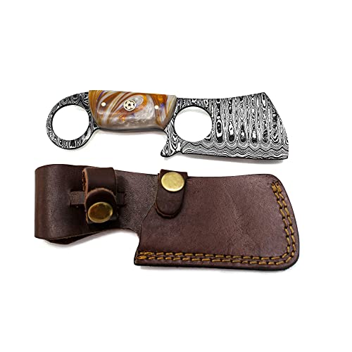 Titan International Knives Damascus Steel Mini Cleaver Fixed Blade Pocket Knife | Handmade 1095 4340 Carbon Mix Hand Pounded | Acrylic Handle with Sheath Kitchen & Outdoors