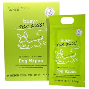 Busy Co Hypoallergenic Dog Wipes Cleaning and Odor Control Grooming Wipes for Paws Body and Butt Perfect for Puppy and Adult Dogs Individually Wrapped Unscented Unscented 20 Grooming Wipes