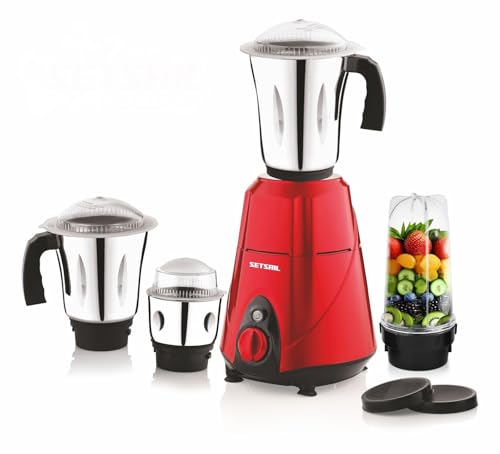 Image of SETSAIL Mixer Juicer Grinder with 4 Jars Nutri bullet for Smoothie Maker Attachment 600 Watt Stainless Steel Blades for Wet and Dry Grinding & Blending Kitchen Tool (Red) 1 Year Warranty