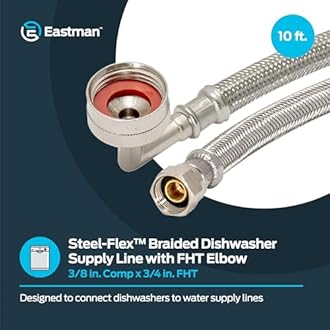 Eastman 41015 Stainless Steel Dishwasher Connector with Elbow COMP x 3/8" FHT, 10 Ft Length, Silver, Feet