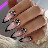 FIEONCIY Press on Nails Almond Shape-Glossy Full Cover Acrylic Black French False Nails with Leopard Designs Artificial Medium Almond Pointed Fake Nails Glue ons Nails Stick on Fingernails for Women