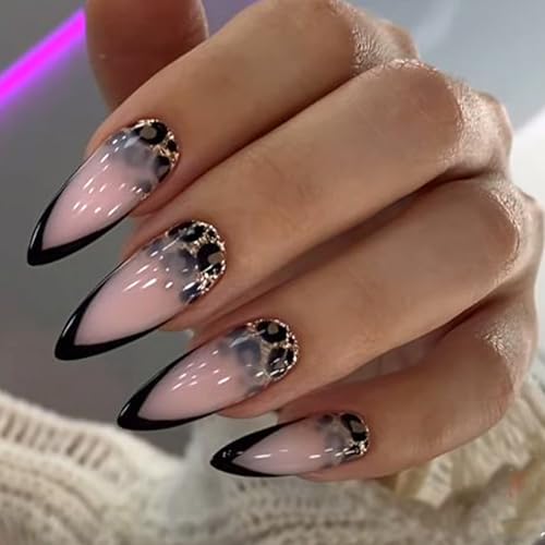 FIEONCIY Press on Nails Almond Shape-Glossy Full Cover Acrylic Black French False Nails with Leopard Designs Artificial Medium Almond Pointed Fake Nails Glue ons Nails Stick on Fingernails for Women
