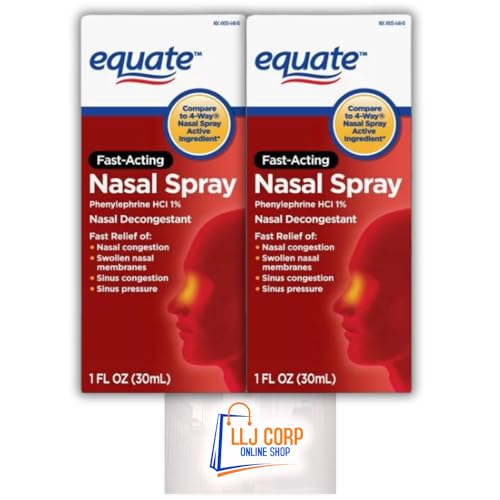 Equate 4-Way Nasal Spray Max Strength 1 Fluid Ounce Pack 2 Bundle with LLJ Corp Sticker.