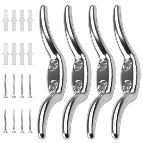 OddMart 4Pcs Cord Cleat Hooks for Washing Line Flag Rope, 65mm Heavy Duty Metal Blind Curtain Cord Non Rust Stainless Japanned Hook with Fixing Screw for Outdoor Boating Ship Tiebacks (Silver)