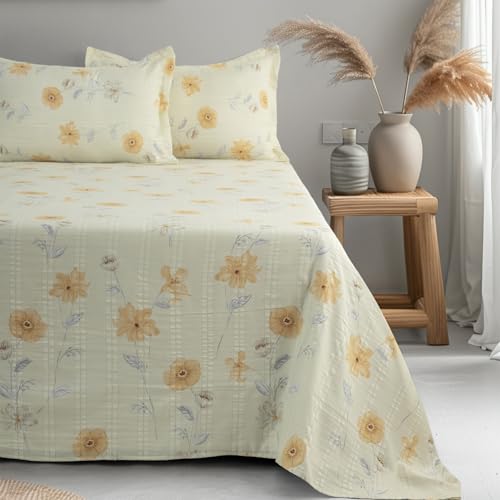 Image of Cortina Cloud Cotton King Size Bedsheet with 2 Pillow Covers | Super Soft, Breathable & Skin-Friendly Bedsheet for Double Bed King Size with Boho Design | 270x250 cm (White & Yellow, King)