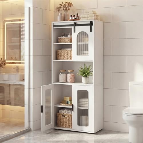 Image of Tangkula 59 inch Tall Bathroom Floor Cabinet, Freestanding Storage Cabinet with Sliding Barn Door & Open Shelves, Farmhouse Bathroom Storage for Kitchen, Living Room, Dining Room (White, 59 inch H)