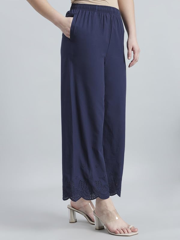 Image of GO COLORS Women's Cotton Hakoba Palazzo | Ankle Length, Schiffli Embroidery, Relaxed Fit, Mid-Rise with Side Pocket