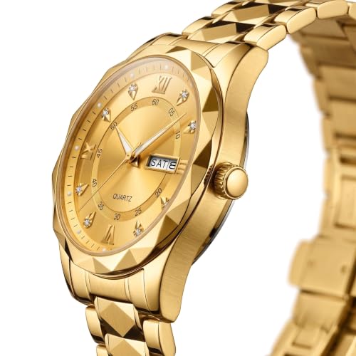 Image of GOLDENIZE FASHION Luxury Analog Roman Numeral Date Display Diamond Pattern Classics Stainless Steel Wrist Watch for Men