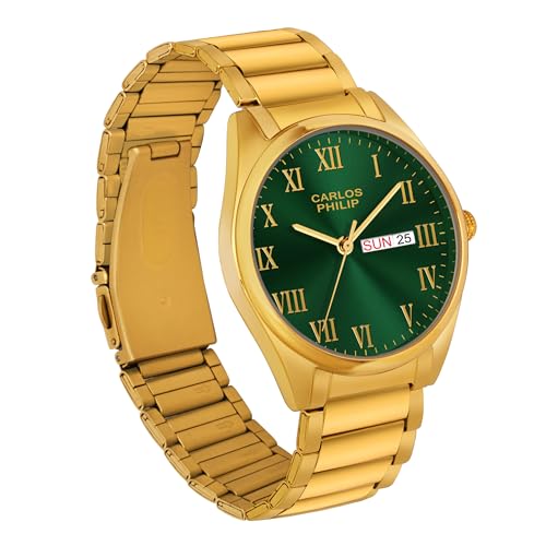 Image of Carlos Philip Men's Roman Numeral Analog Watch - Day and Date Display, Stainless Steel Strap, Quartz Movement, Business Style Watch for Men