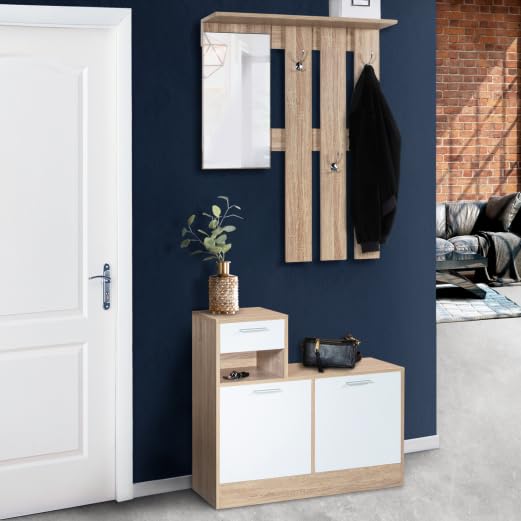 IDMarket - Armario de entrada con espejo PAULIN diseño de haya puertas blancas