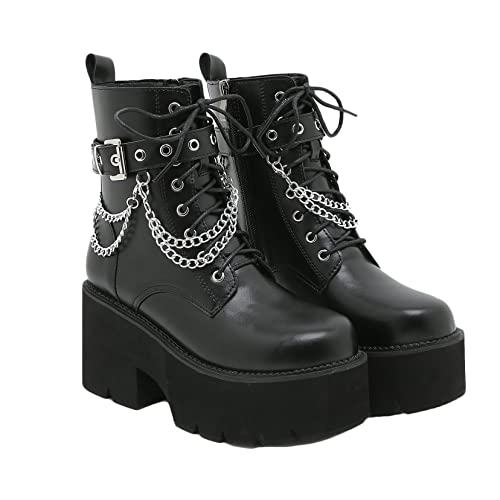 Botines de plataforma para mujer, estilo gótico, cadena de metal, con cordones, forro cálido, botas de otoño e invierno, resistentes al desgaste, tacón grueso, botas de cuero transpirables, Black, 41