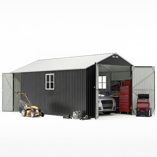 Image of Patiowell 12x20 FT Outdoor Storage Shed, Large Metal Garden Shed with Lockable Doors & Windows, Waterproof Reinforced Tool Shed with Side Door & Air Vents for Cars Trucks Boats, Black