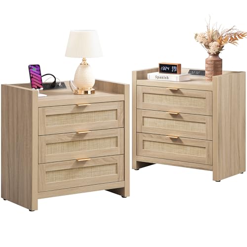 SICOTAS Rattan Nightstands Set of 2 Bedside Table - Larger Night Stand with Type-C Charging Station,...
