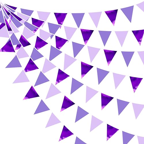 32Ft Purple Party Decorations Metallic Purple Triangle Banner Flag Pennant Fabric Garland Streamers for Lavender Birthday Bachelorette Wedding Violet Graduation Party Decor Supplies