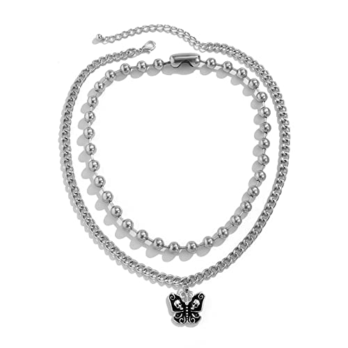 Collier long argent chaîne papillon et perle de crâne au design audacieux