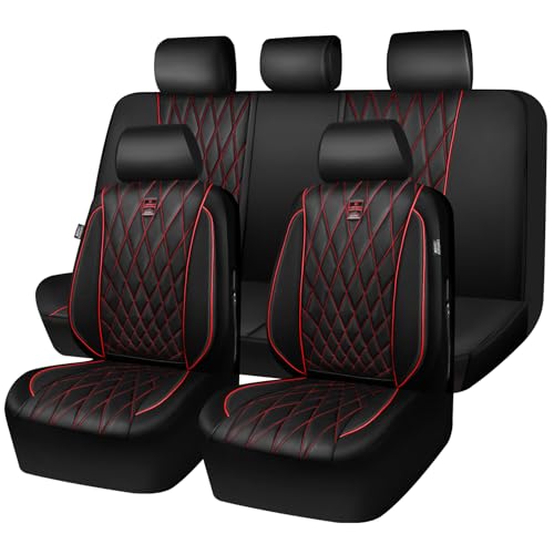 Image of CAR PASS Piping Luxury Leather Seat Covers Full Set,5 Seats Anti-Slip Waterproof Seat Covers Compatible with Front Armrests,Universal Fit for Sendan SUV Van Truck,Airbag Compatible,Black and Red