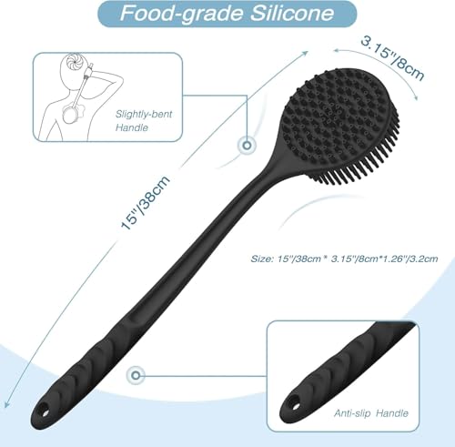 Image of DOCAT Premium Soft Silicone Body Scrubber for Bathing Shower, Long Handle Back Scrubber for Bathing, Long Lasting Body Scrubber for Women and Men Bath & Shower Accessories (Black)