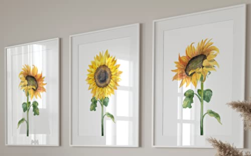 Sunflowers Wall Art Set of 3 Unframed Prints, Plant Home Decor, Living Room Bedroom Poster Home Decor, Green and Yellow (12x16)