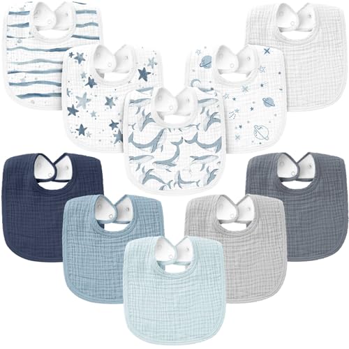 Image of Konssy 10-Pack Muslin Baby Bibs, Soft Cotton Bandana Bibs for Drooling & Teething, Unisex Solid Colors for Boys & Girls, Newborn & Infant