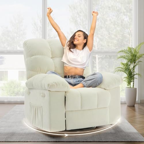 Sillón reclinable giratorio ancho beige chenille miniatura 2