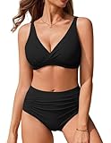 Ekouaer Überkreuzten Rückenträgern Bikini Damen Set High Waist Bauchweg Zweiteiliger Badeanzug Cross Back Bademode V-Ausschnitt Swimsuit, Schwarz, XL
