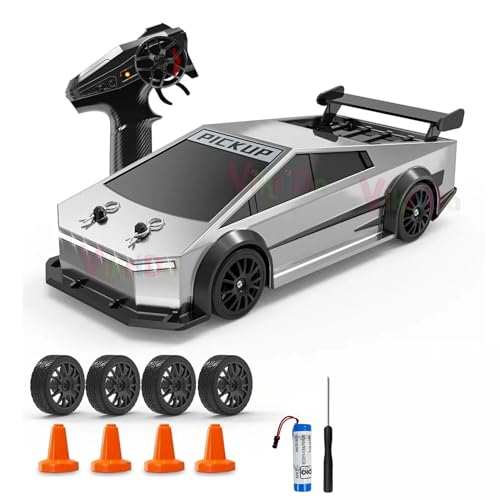 Image of VikriDA 1:24 Scale RC Drift Car - 4WD High-Speed RC Racing Car with LED Lights, 2.4GHz Controller, One Rechargeable Batteries & Drifting Tires - Silver