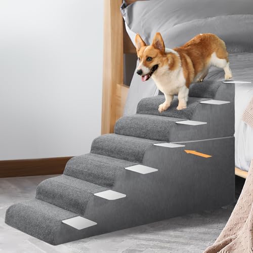 Image of ABORON 7-Step Dog Stairs for High Beds, 29.5 in Tall Pet Steps | Wide 17.7 in steps use reinforced PE support boards, high-density foam, a non-slip base and removable washable cover.