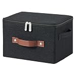 Storage Bins with Zipper Lid Cotton Linen Fabric Lidded Storage Baskets Boxes Foldable Washable Closet Shelf Clothes Organizer Container with PU Leather Handles (Black, Small Size)