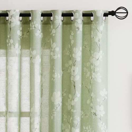 Image of BFAM Sheer Curtain with Floral Print, Premium Printed Sheer Drapes, Eyelet /Grommet Curtain for Living Room, Bedroom, Light Filtering Curtains, Green Floral 5 Feet,Pack of 1 Curtain
