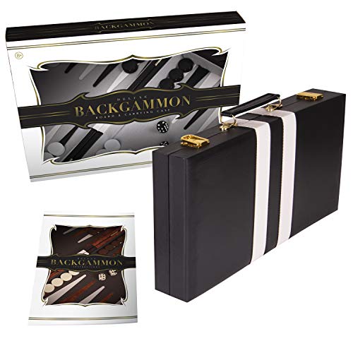 Crazy Games Backgammon Set - Classic Black Medium 15 Inch Backgammon Sets for Adults Board Game with Premium Leather Case - Best Strategy & Tip Guide (Black, Medium)
