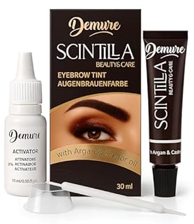 Eyebrow Tint Kit DEMURE, new formula Brow Tint - contains Argan Oil & Castor Oil (Omega 6, Carotene, Vitamins А, Е, F), Fast and Safe Results (3.0 Dark Brown)