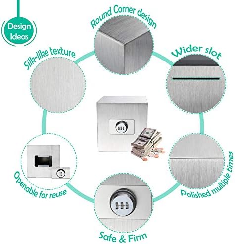 Password Stainless Steel Piggy Bank Money Safe Box Digital Cash Coin Jar for Kids Reuse Strong Huge Adult Tip Box 5.9in