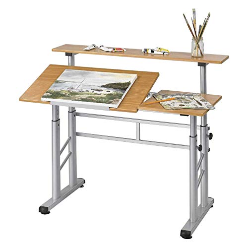 Safco Split-Level Drafting Table Height Adjustable Sit-To-Stand, 29.5" To 37.5", Medium Oak #TOP1